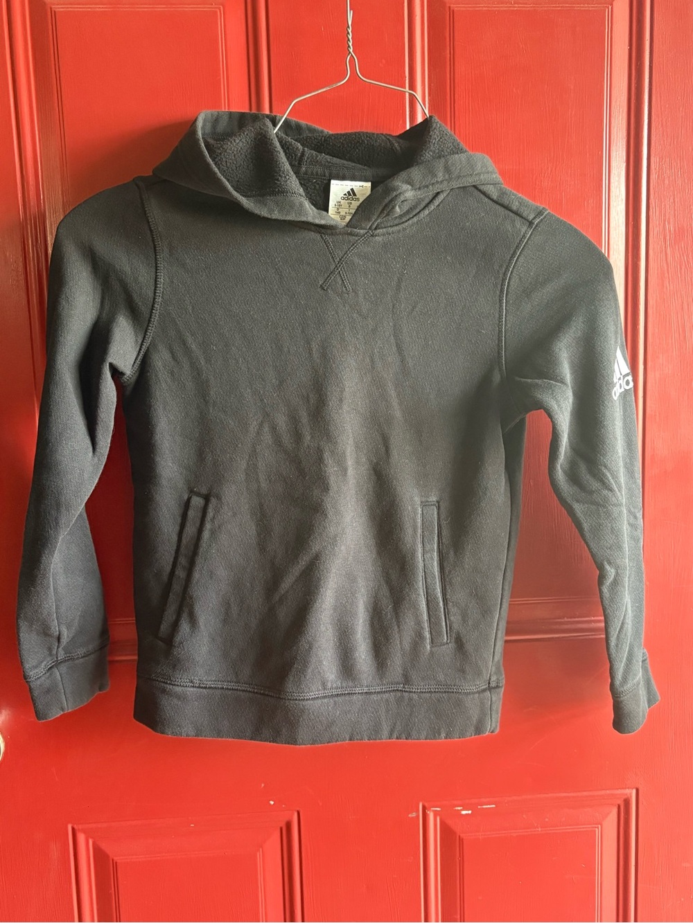 Kids Adidas Black Hooded Sweatshirt -Logo on Sleeve -SZ Small